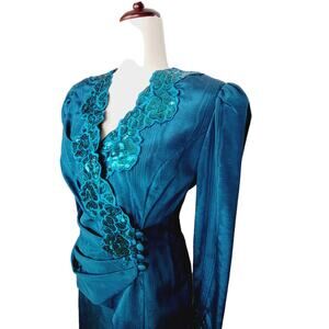 VINTAGE Scott McClintock Petites 80s Teal Taffeta Embellished Blazer & Skirt 8
